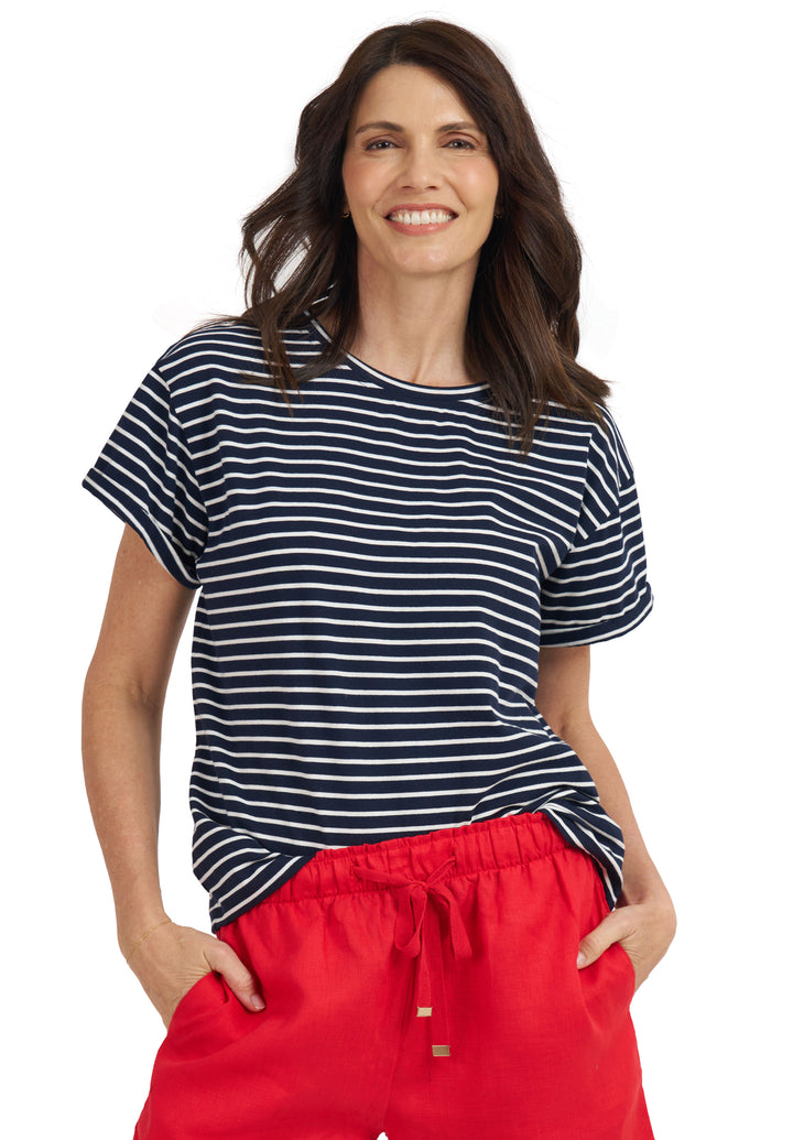 Francy Navy Stripes Rolled Sleeve T-Shirt