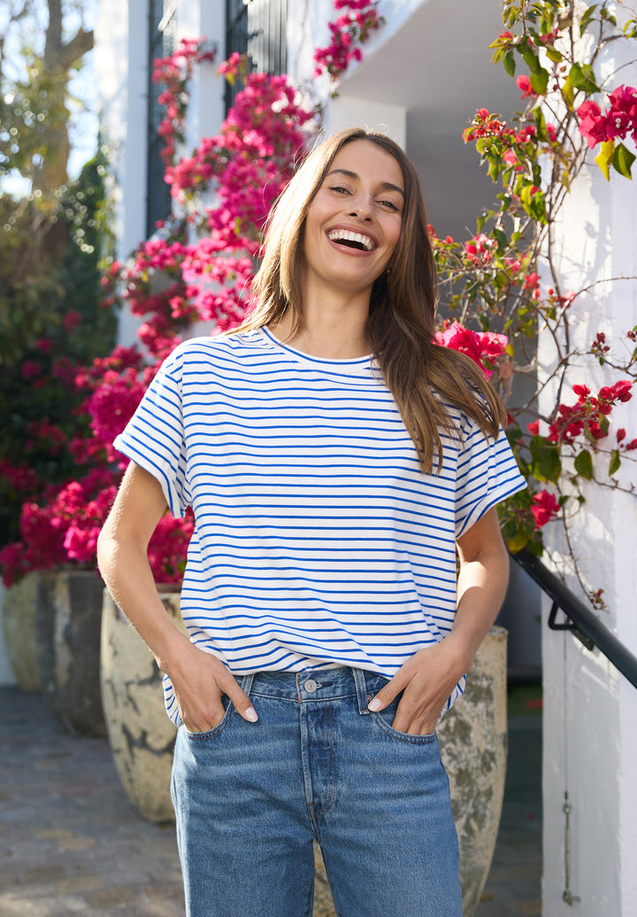 Francy Royal Blue Stripes Rolled Sleeve T-Shirt