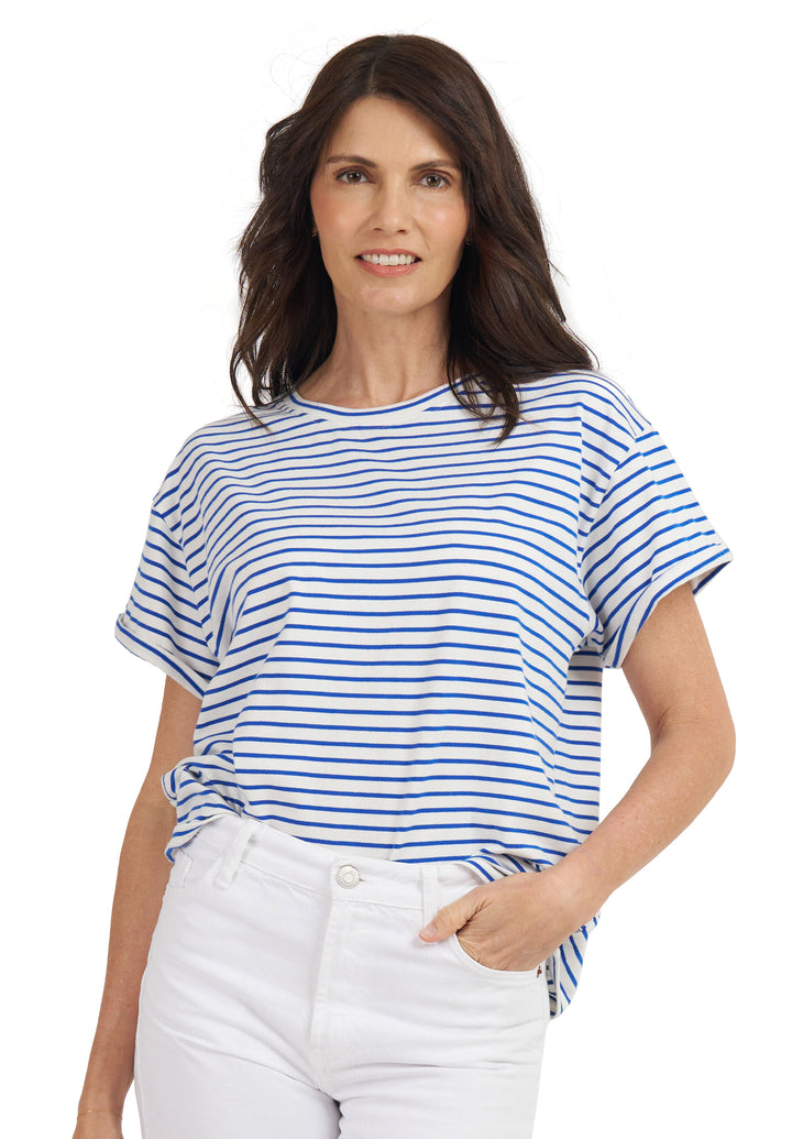 Francy Royal Blue Stripes Rolled Sleeve T-Shirt