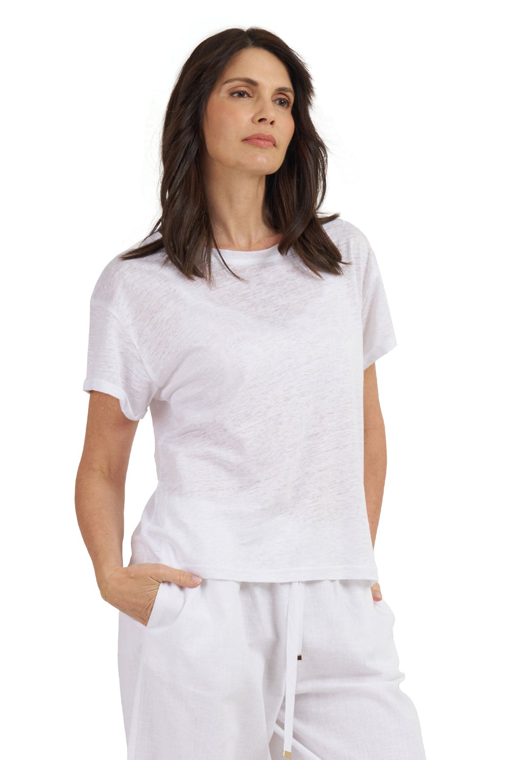 Francy-Linen White Rolled Sleeve T-Shirt