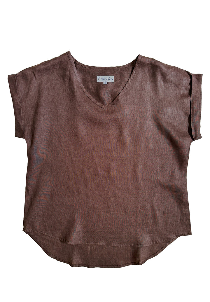 Martina Chocolate Sand Washed Linen T-Shirt