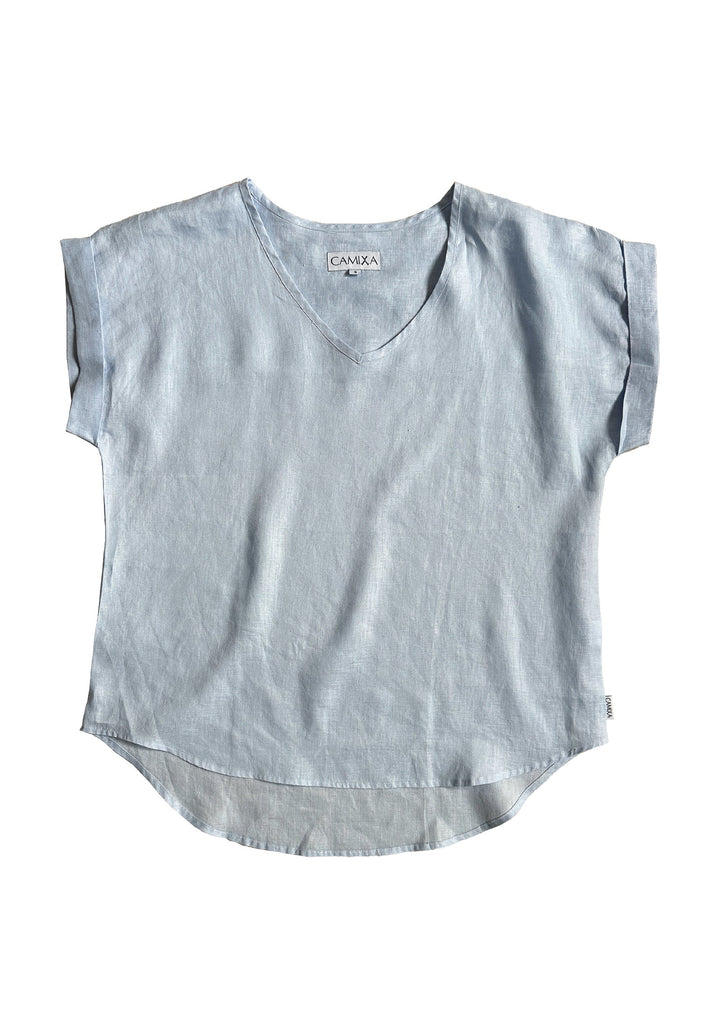 Martina Powder Blue Sand Washed Linen T-Shirt