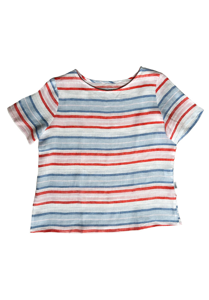 Teena-Linen Multi Stripes T-Shirt - Red Blue White