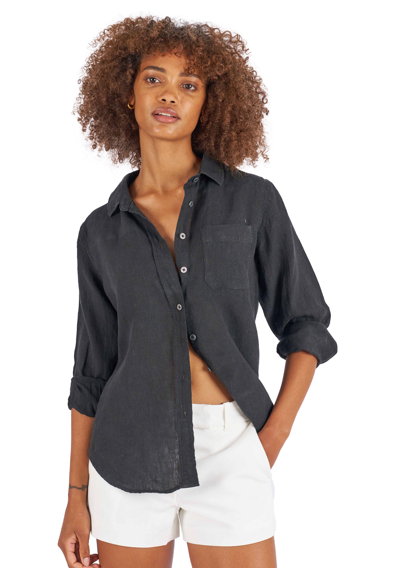 2024 Poetry 100% linen tunic gray button down blouse women’s size 12 short sleeve