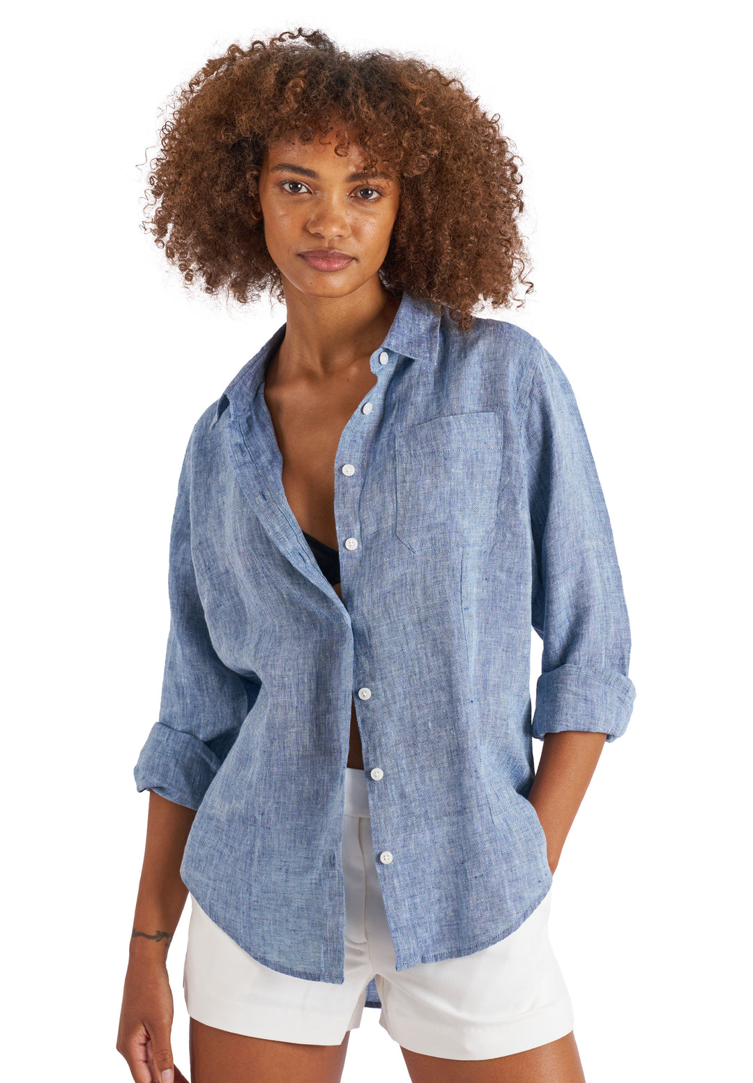 Lina Blue Melange, Slim-Fit Linen Shirt –