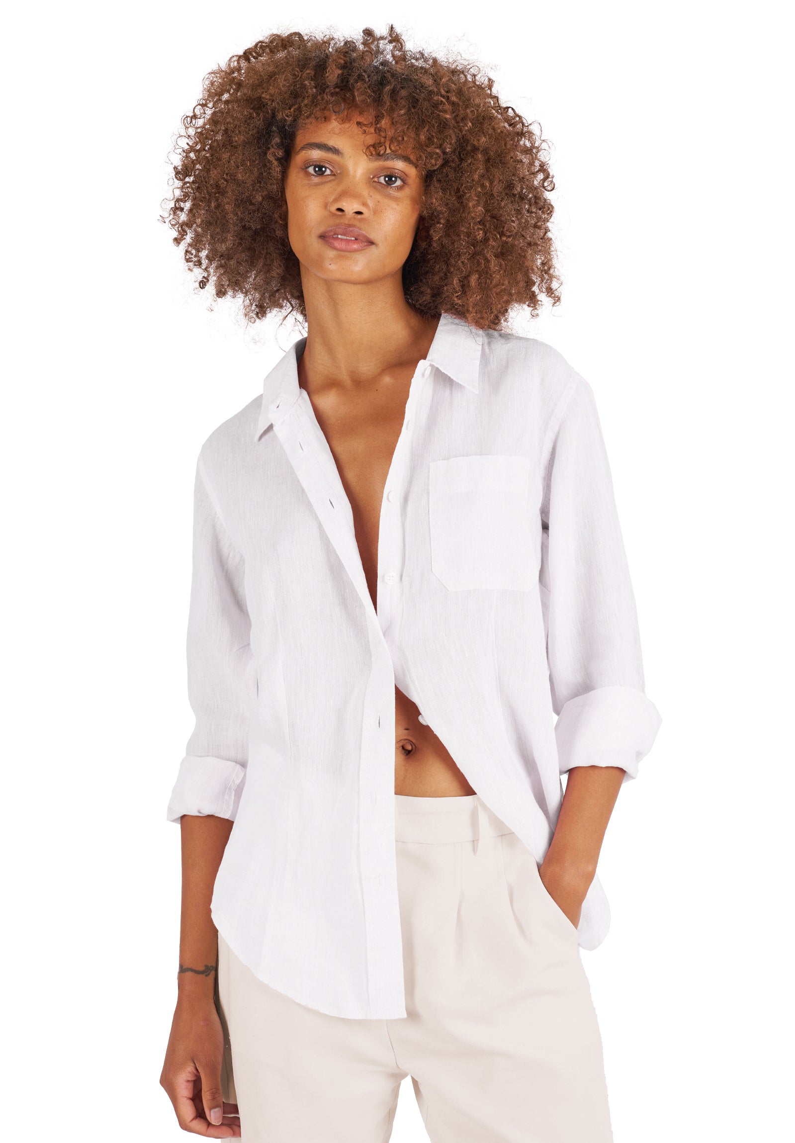 Lina White Slim-Fit Linen Shirt – camixa.com