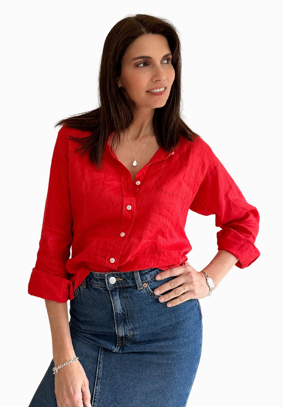 Lina Red Melange Slim-Fit Linen Shirt