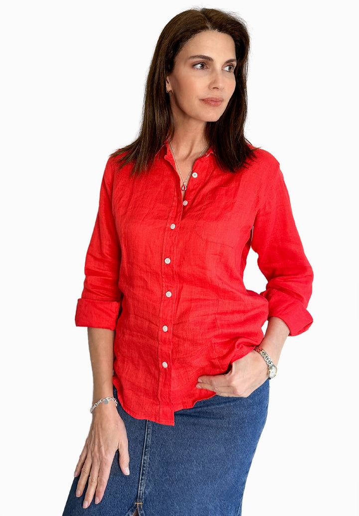 Lina Red Melange Slim-Fit Linen Shirt