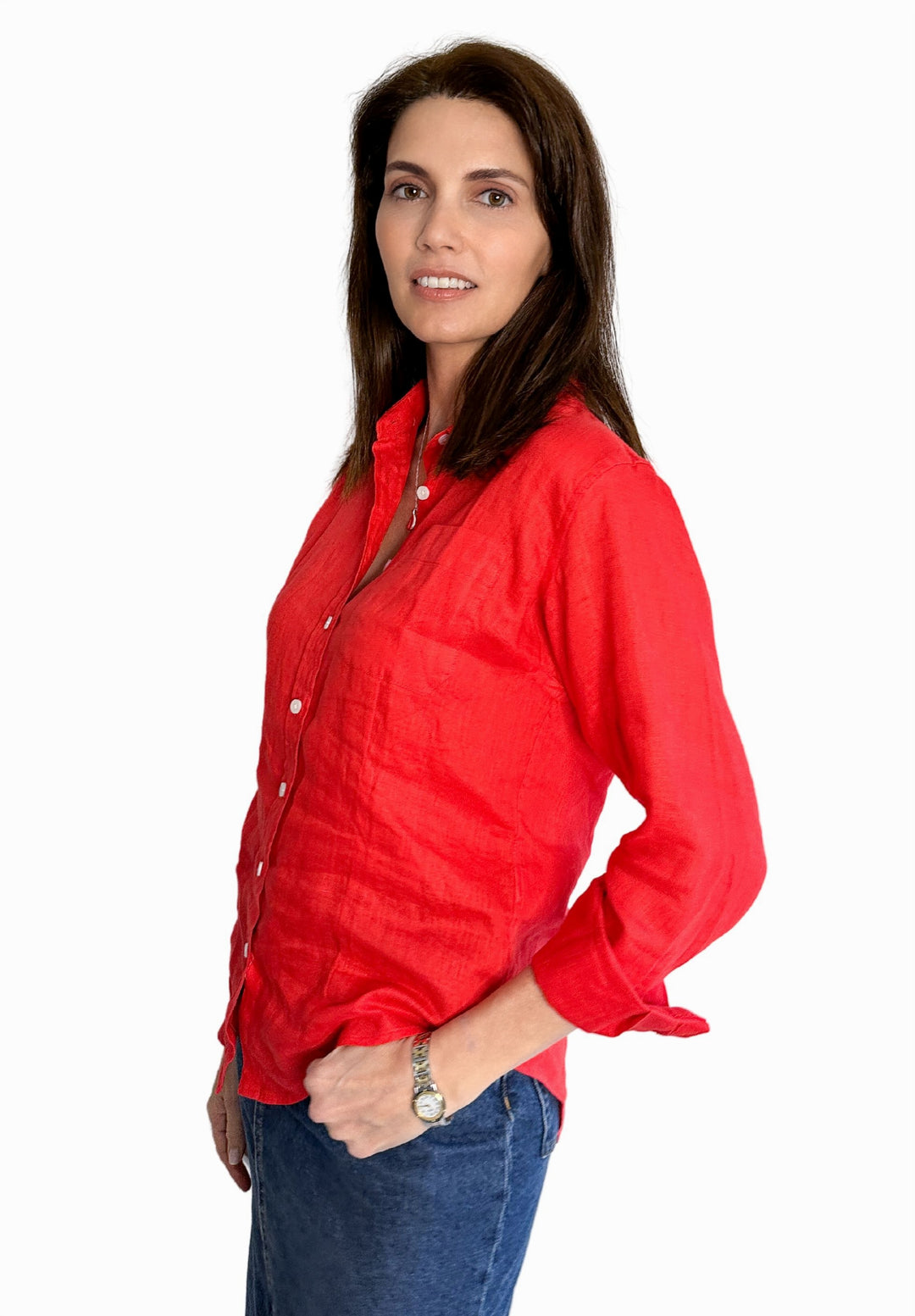 Lina Red Melange Slim-Fit Linen Shirt