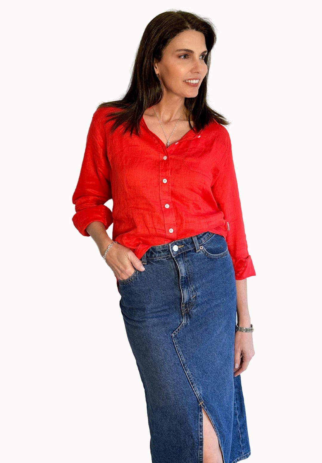 Lina Red Melange Slim-Fit Linen Shirt