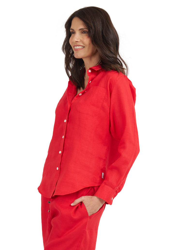 Lina Red Melange Slim-Fit Linen Shirt