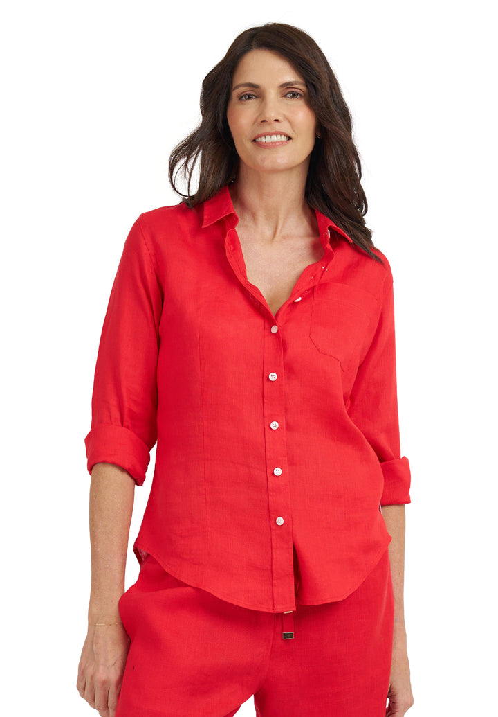 Lina Red Melange Slim-Fit Linen Shirt