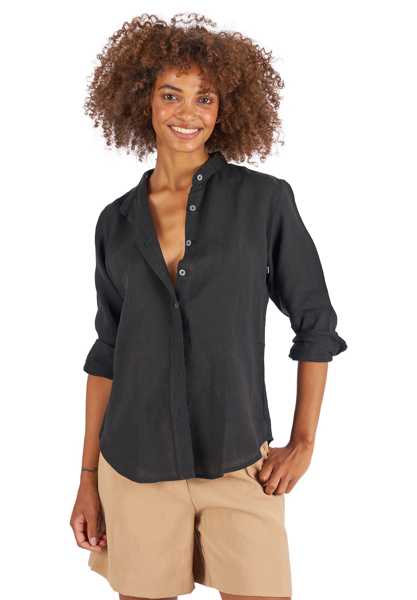 Lotus Black Mandarin Collar Linen Shirt camixa