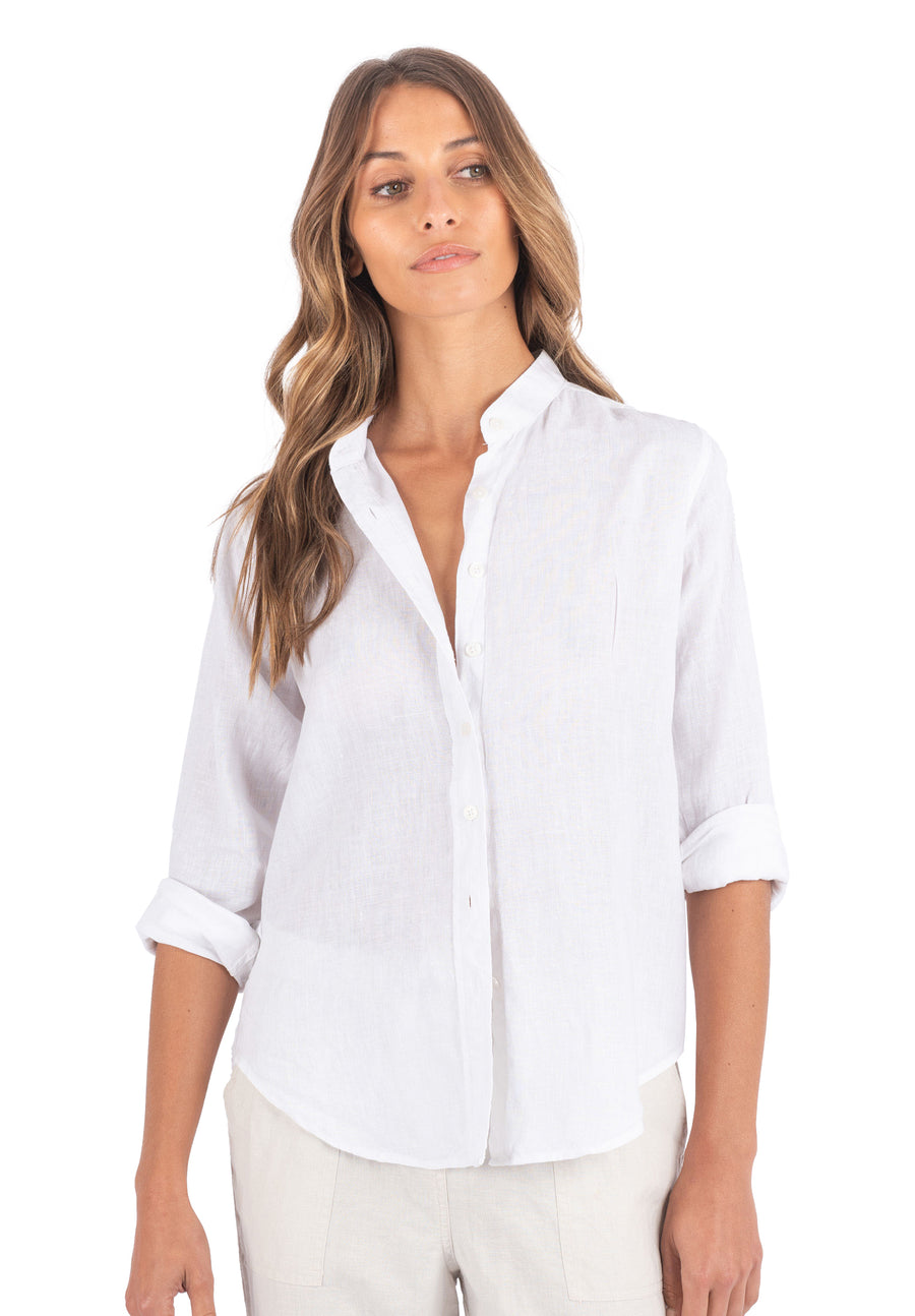 Lotus White Relaxed Linen Shirt with Mandarin Collar – camixa.com