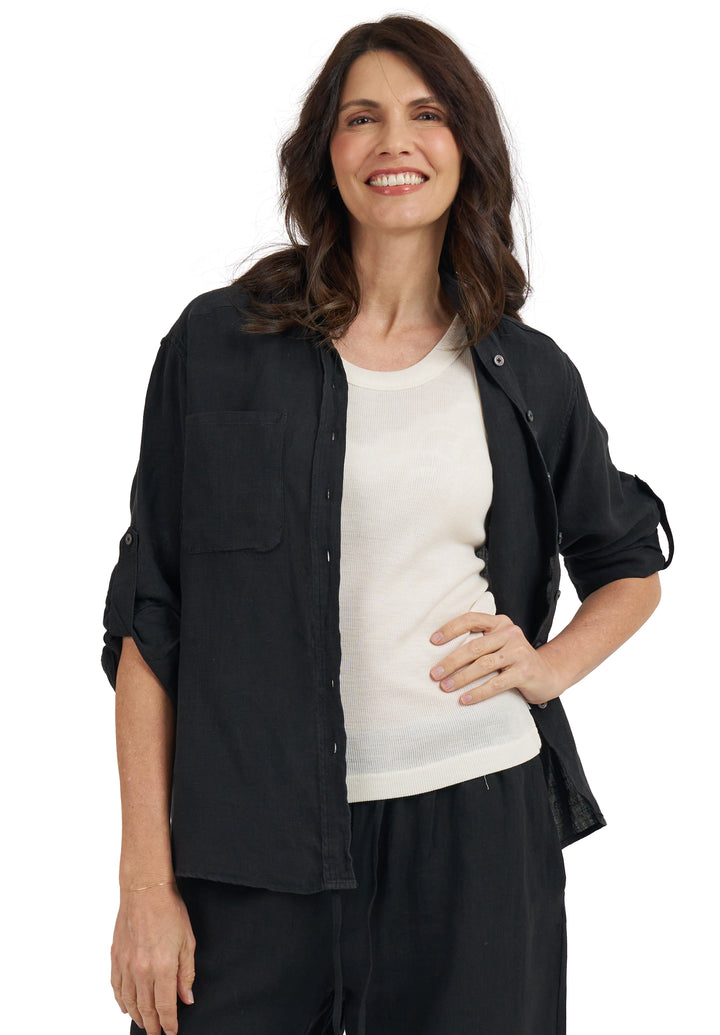 Luna Black Oversized Linen Shirt with Pockets