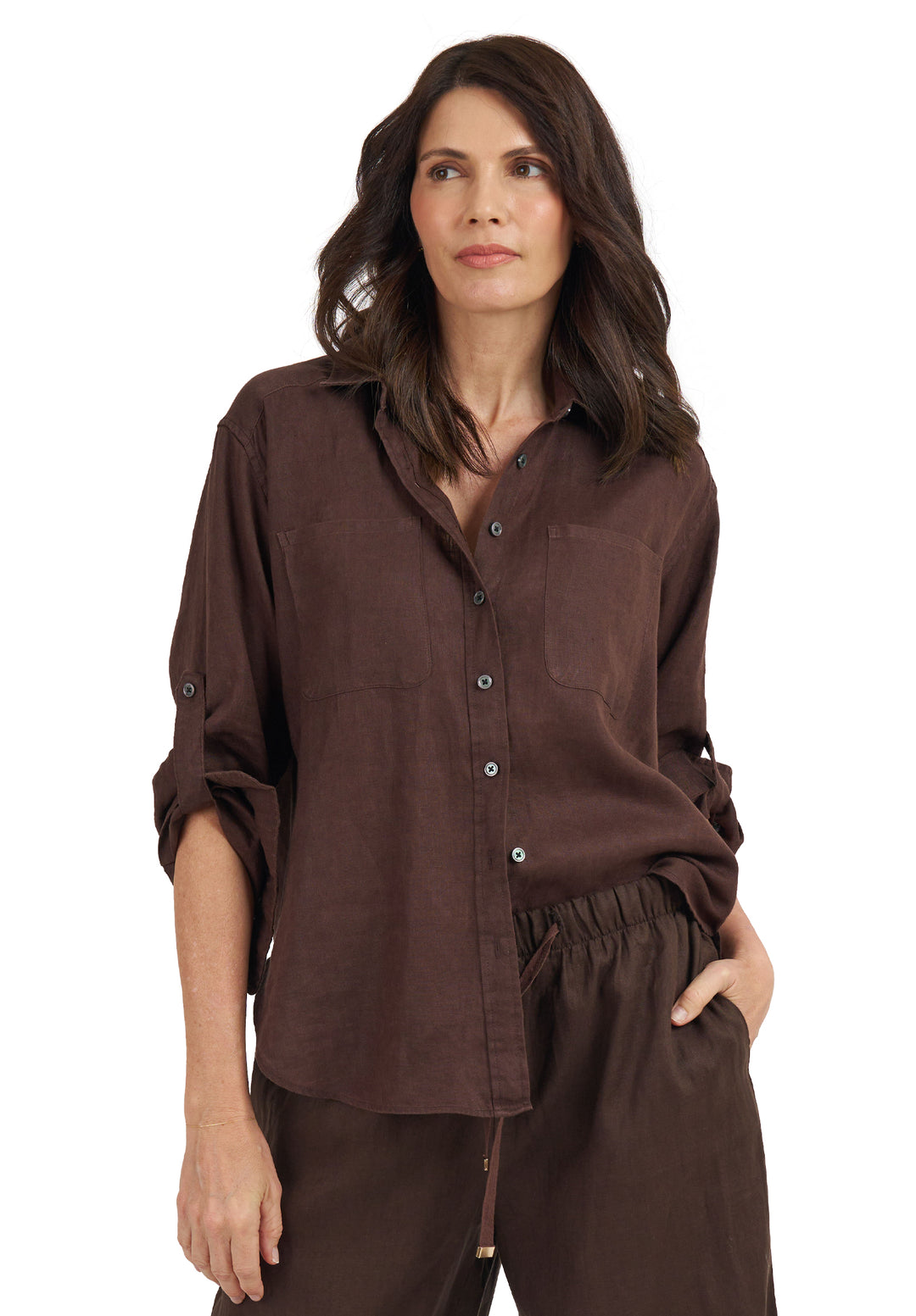 Luna Coffee Oversized Linen Shirt with Pockets