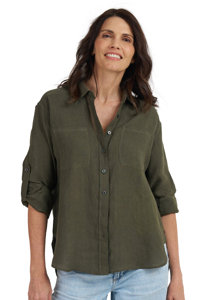 Luna Olive Green Oversized Linen Shirt with Pockets