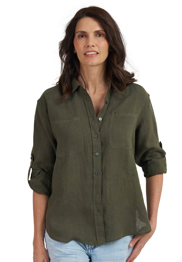 Luna Olive Green Oversized Linen Shirt with Pockets