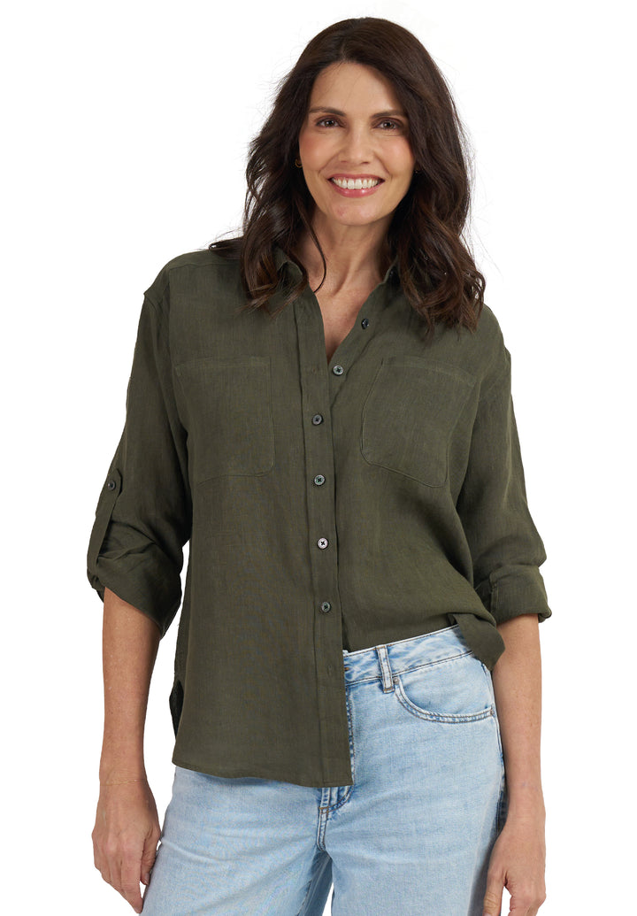 Luna Olive Green Oversized Linen Shirt with Pockets