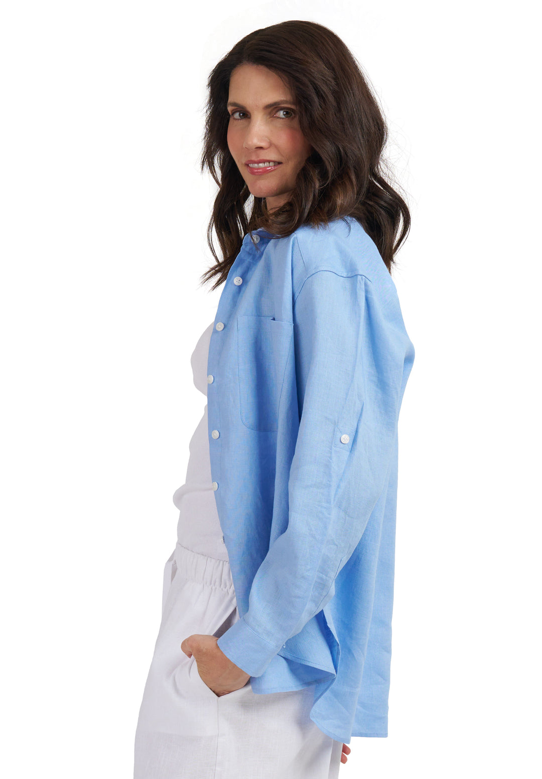 Luna Ocean Blue Oversized Linen Shirt with Pockets