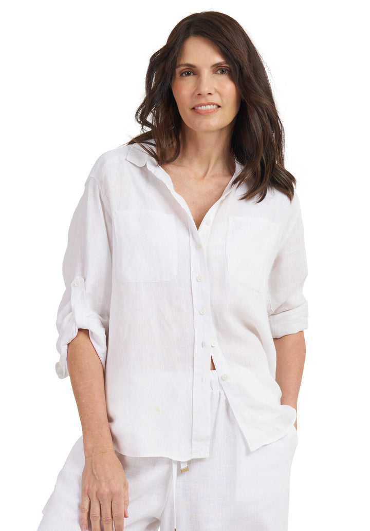 Luna White Oversized Linen Shirt with Pockets