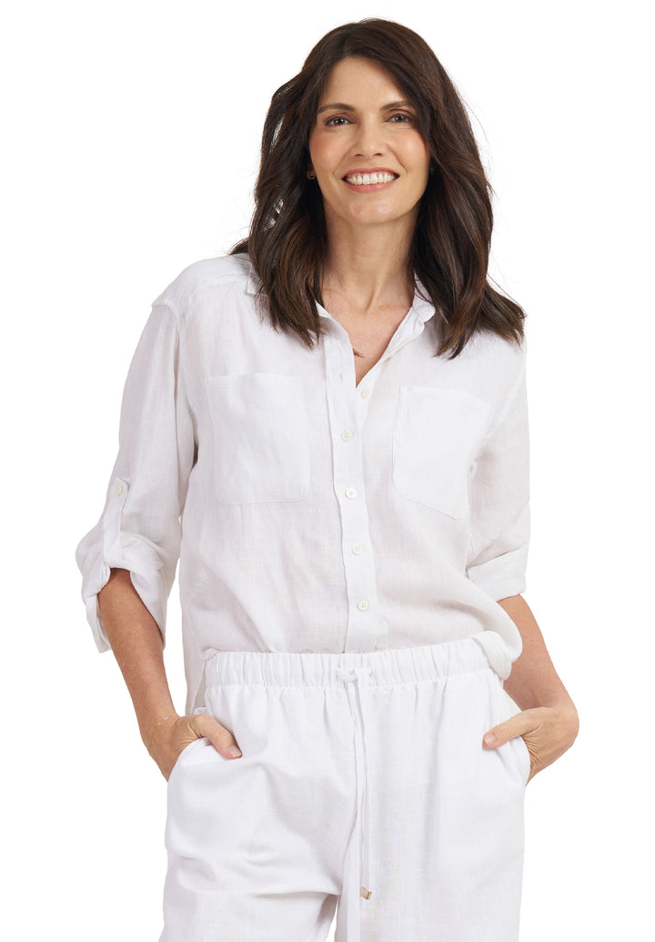 Luna White Oversized Linen Shirt with Pockets