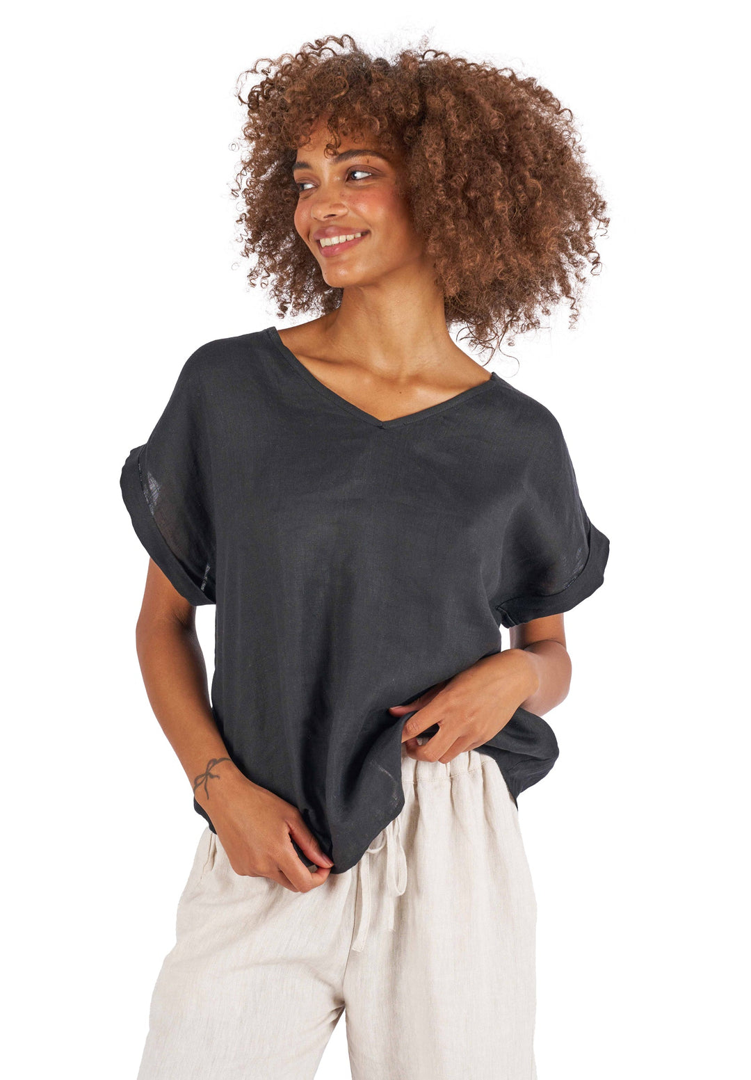 Martina Black Sand Washed Linen T-Shirt