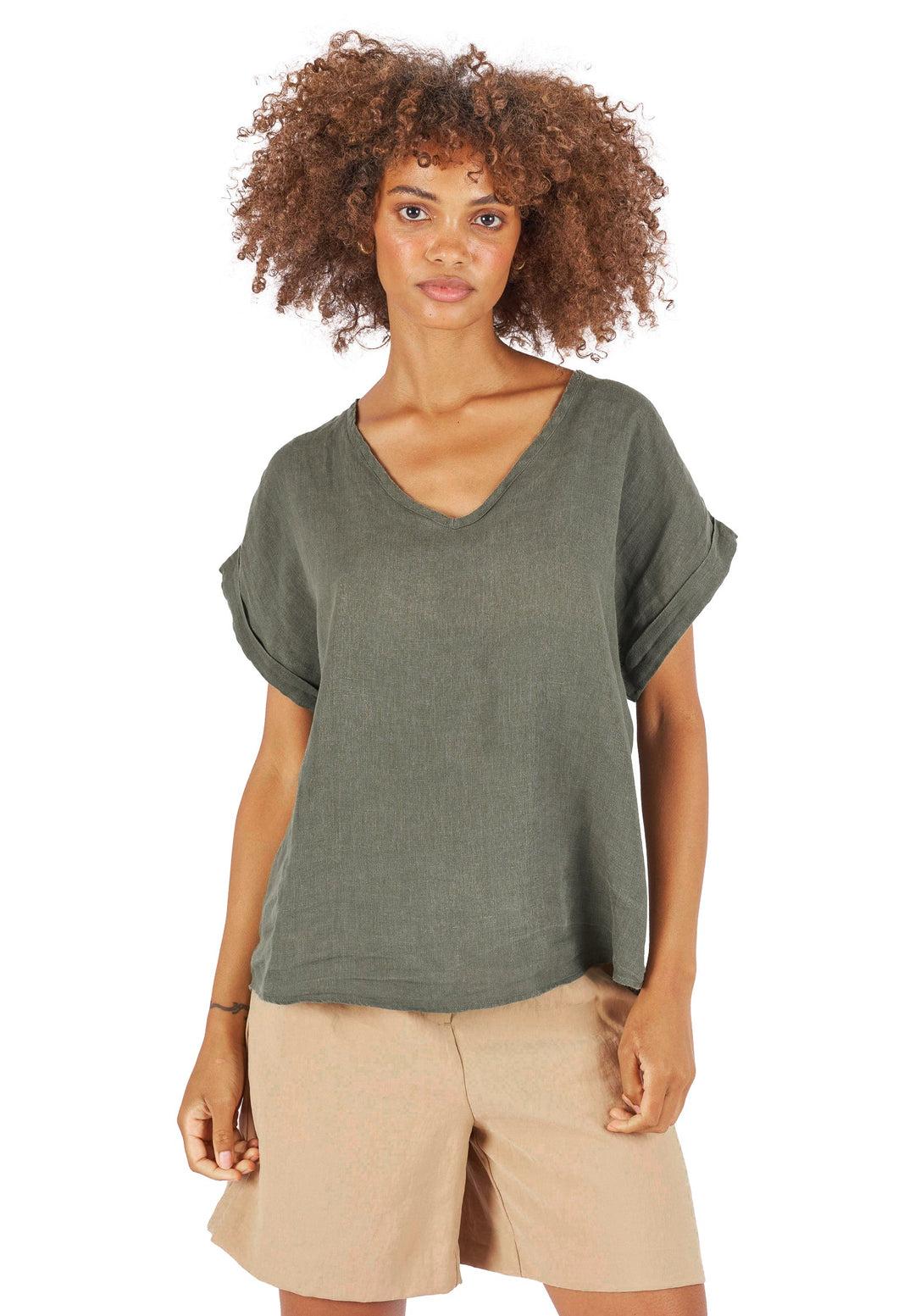 Martina Olive Green Sand Washed Linen T-Shirt