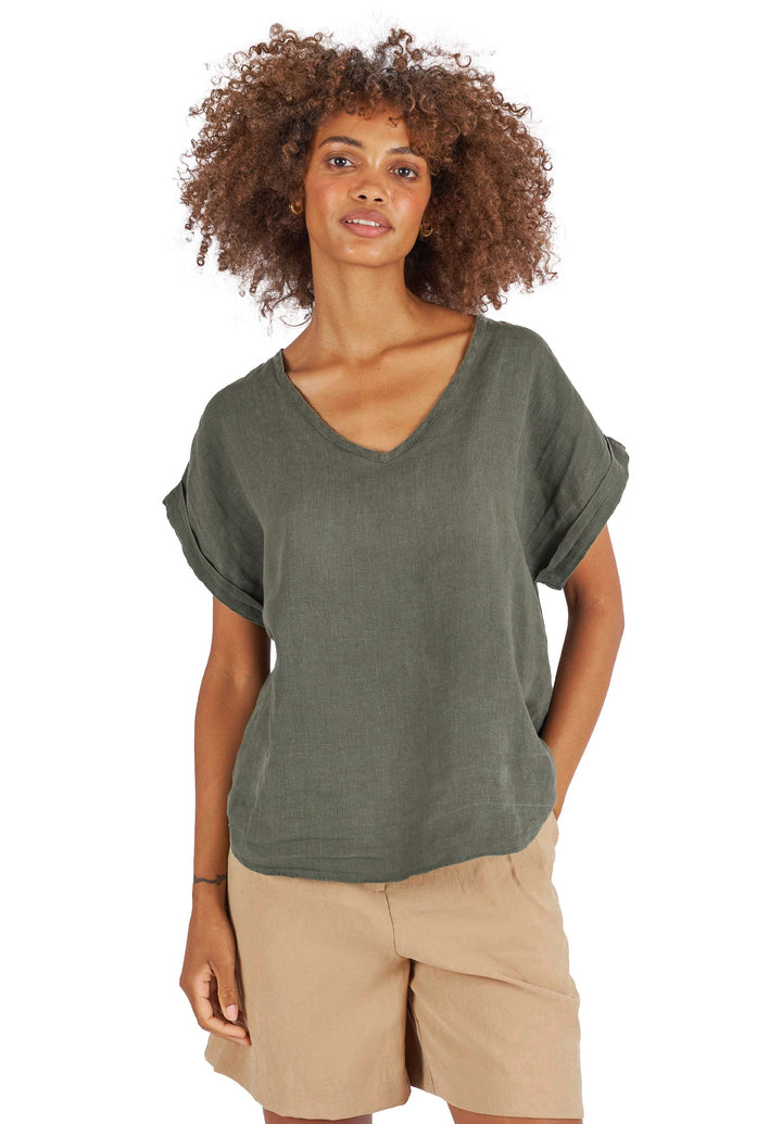 Martina Olive Green Sand Washed Linen T-Shirt