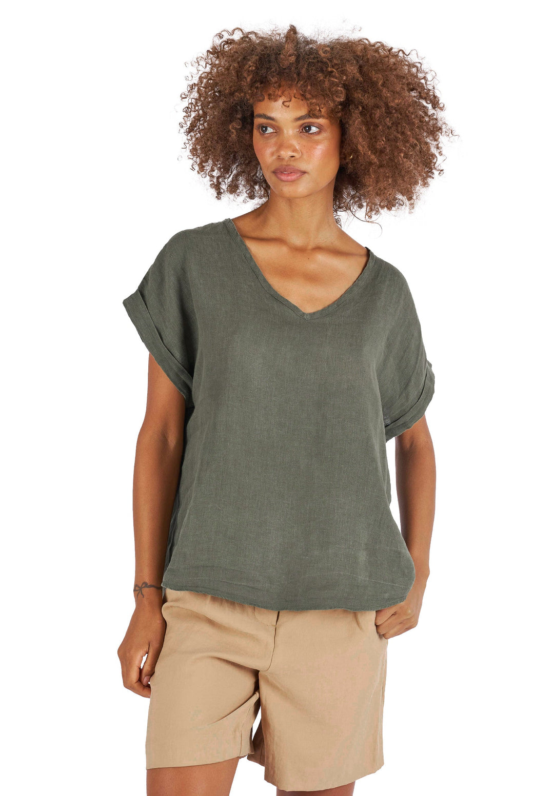 Martina Olive Green Sand Washed Linen T-Shirt