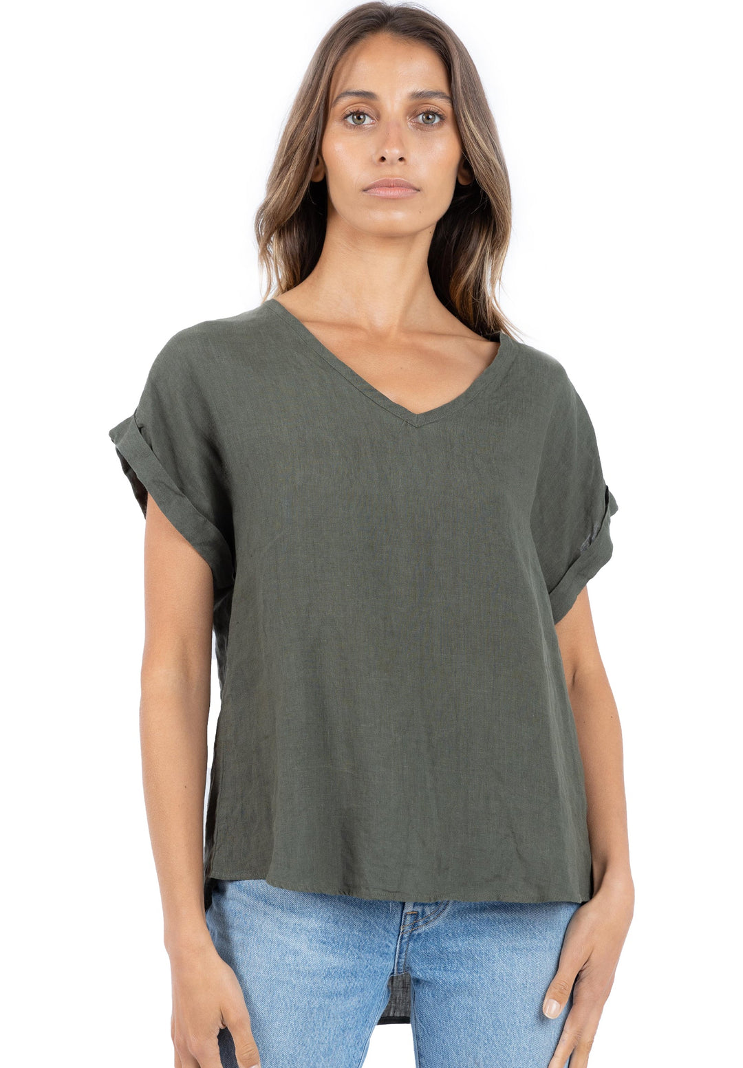 Martina Olive Green, Sand Washed Linen T-Shirt