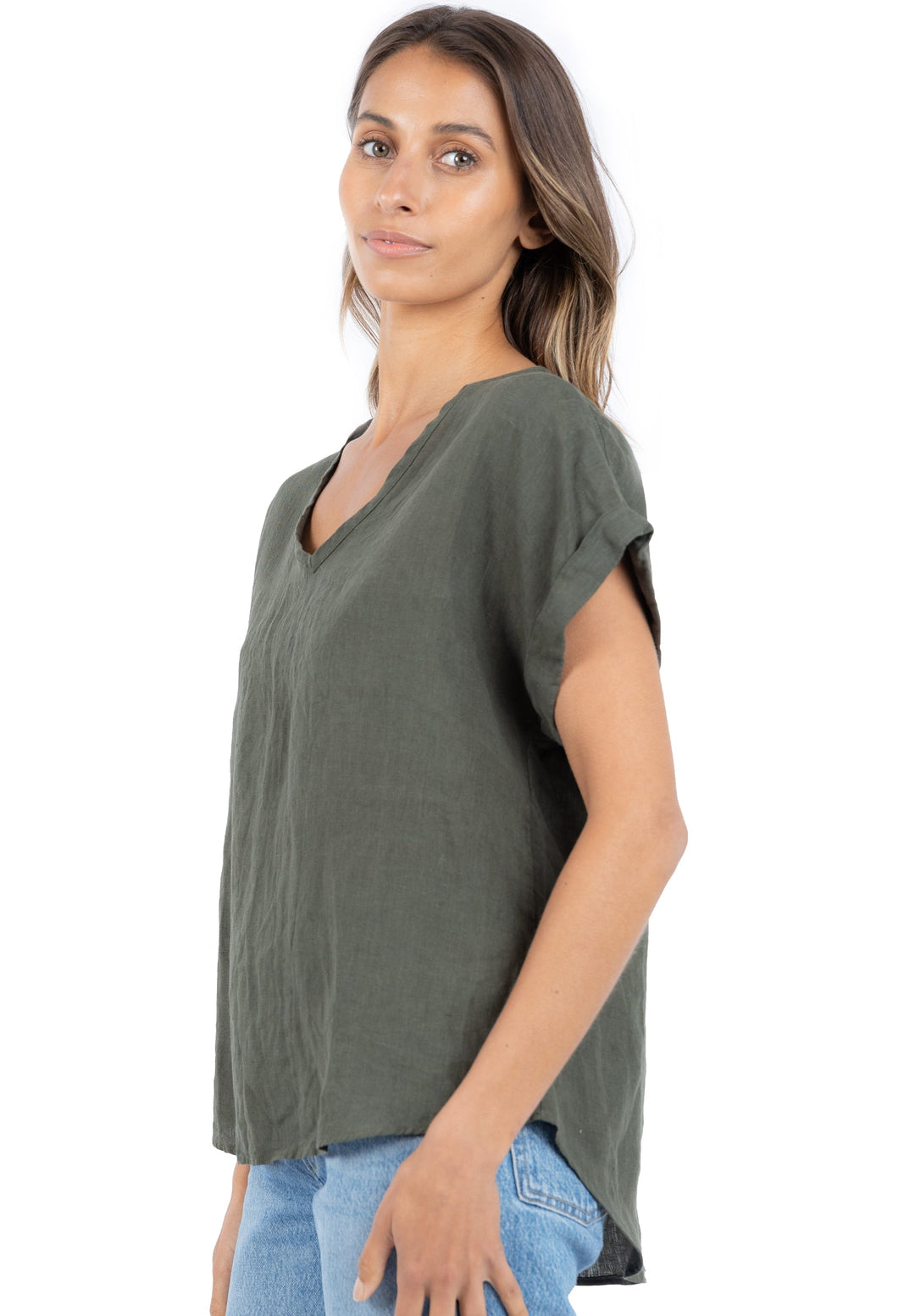 Martina Olive Green, Sand Washed Linen T-Shirt