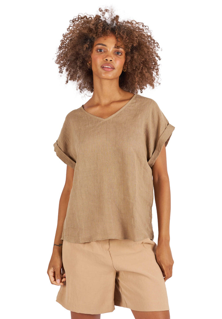 Martina Hazelnut Sand Washed Linen T-Shirt