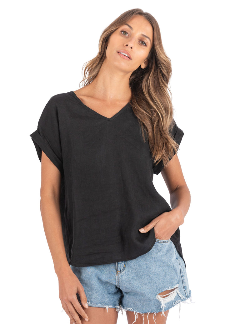 Martina Black Sand Washed Linen T-Shirt