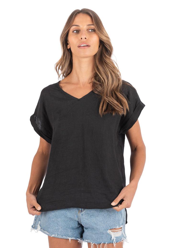 Martina Black Sand Washed Linen T-Shirt