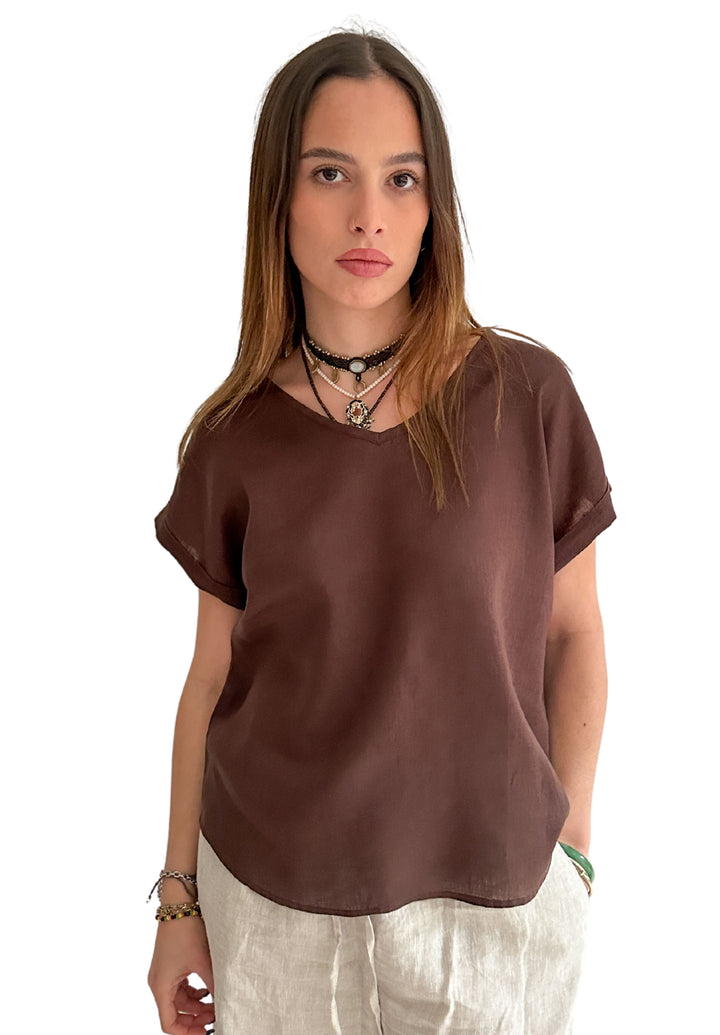 Martina Chocolate Sand Washed Linen T-Shirt