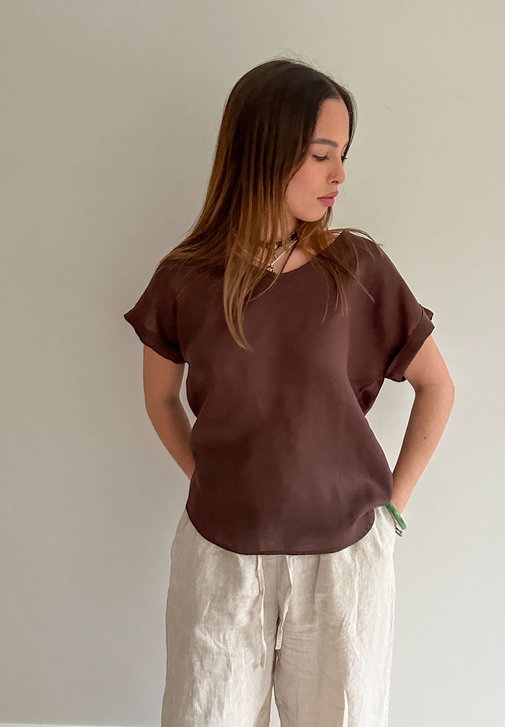 Martina Chocolate Sand Washed Linen T-Shirt