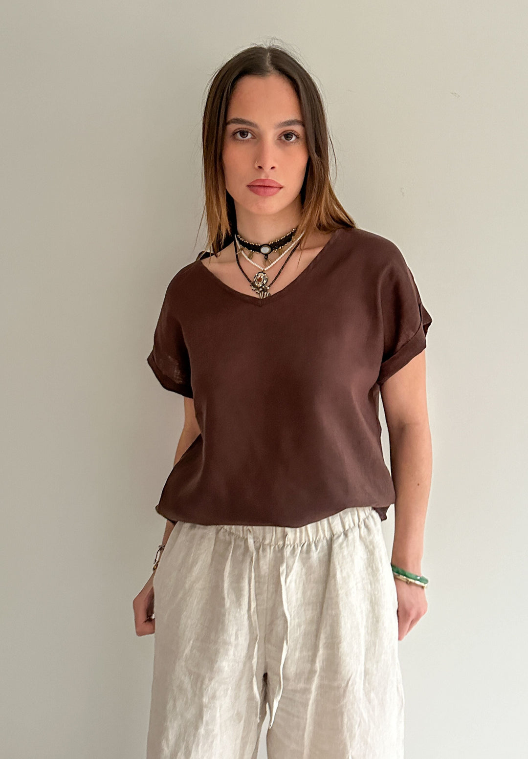 Martina Chocolate Sand Washed Linen T-Shirt