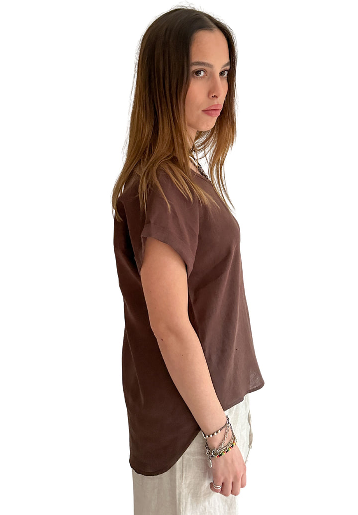 Martina Chocolate Sand Washed Linen T-Shirt