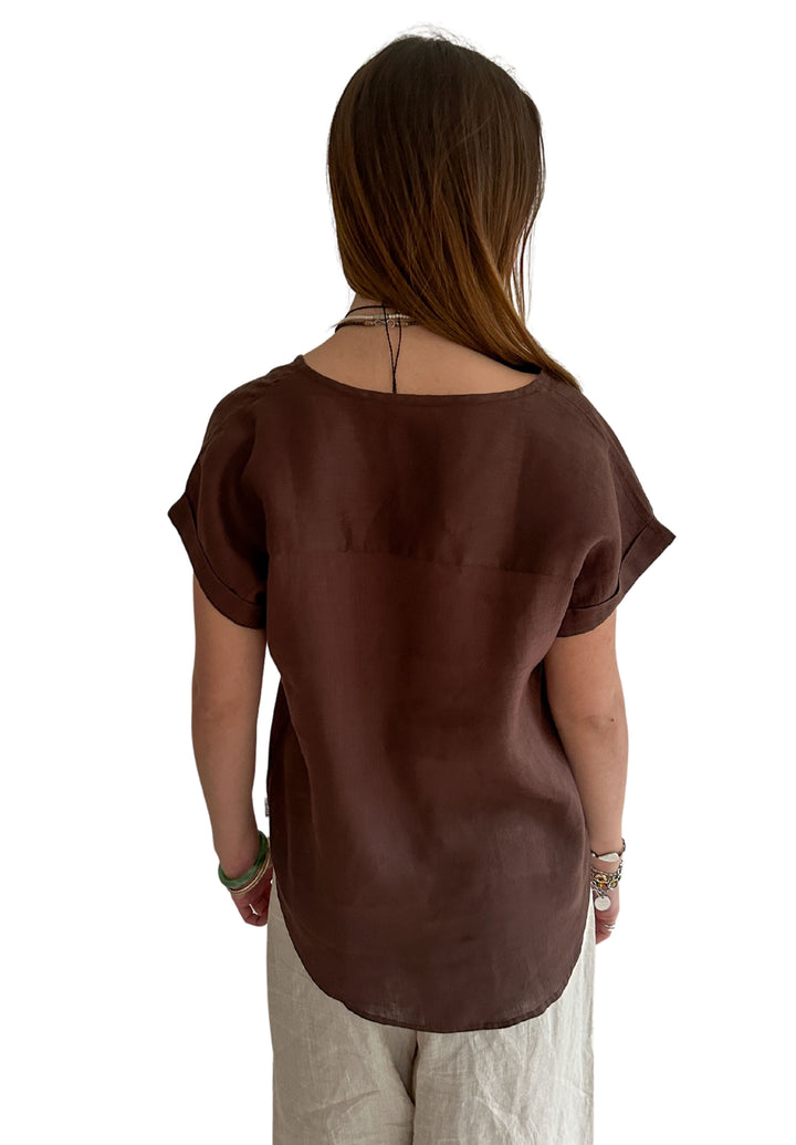 Martina Chocolate Sand Washed Linen T-Shirt