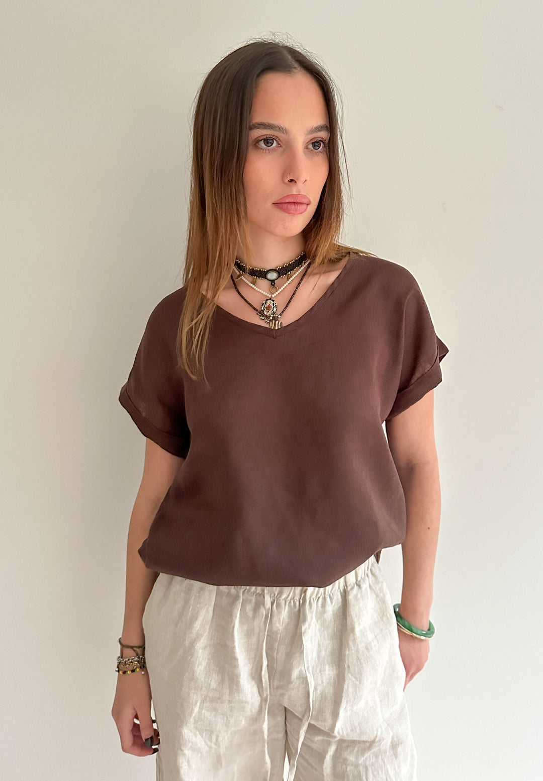 Martina Chocolate Sand Washed Linen T-Shirt