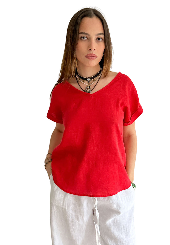 Martina Red Linen T-Shirt