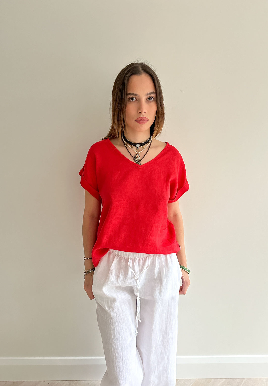 Martina Red Linen T-Shirt