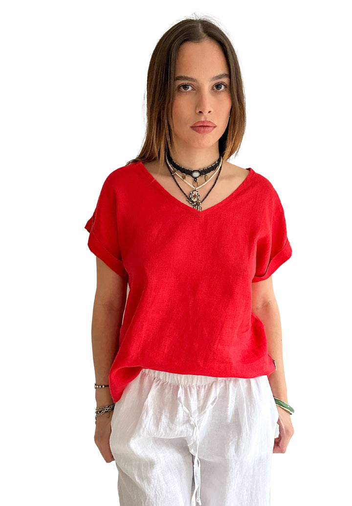 Martina Red Linen T-Shirt