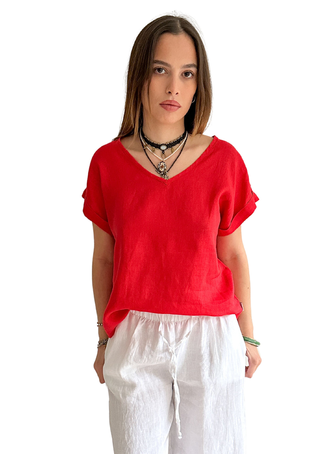 Martina Red Linen T-Shirt