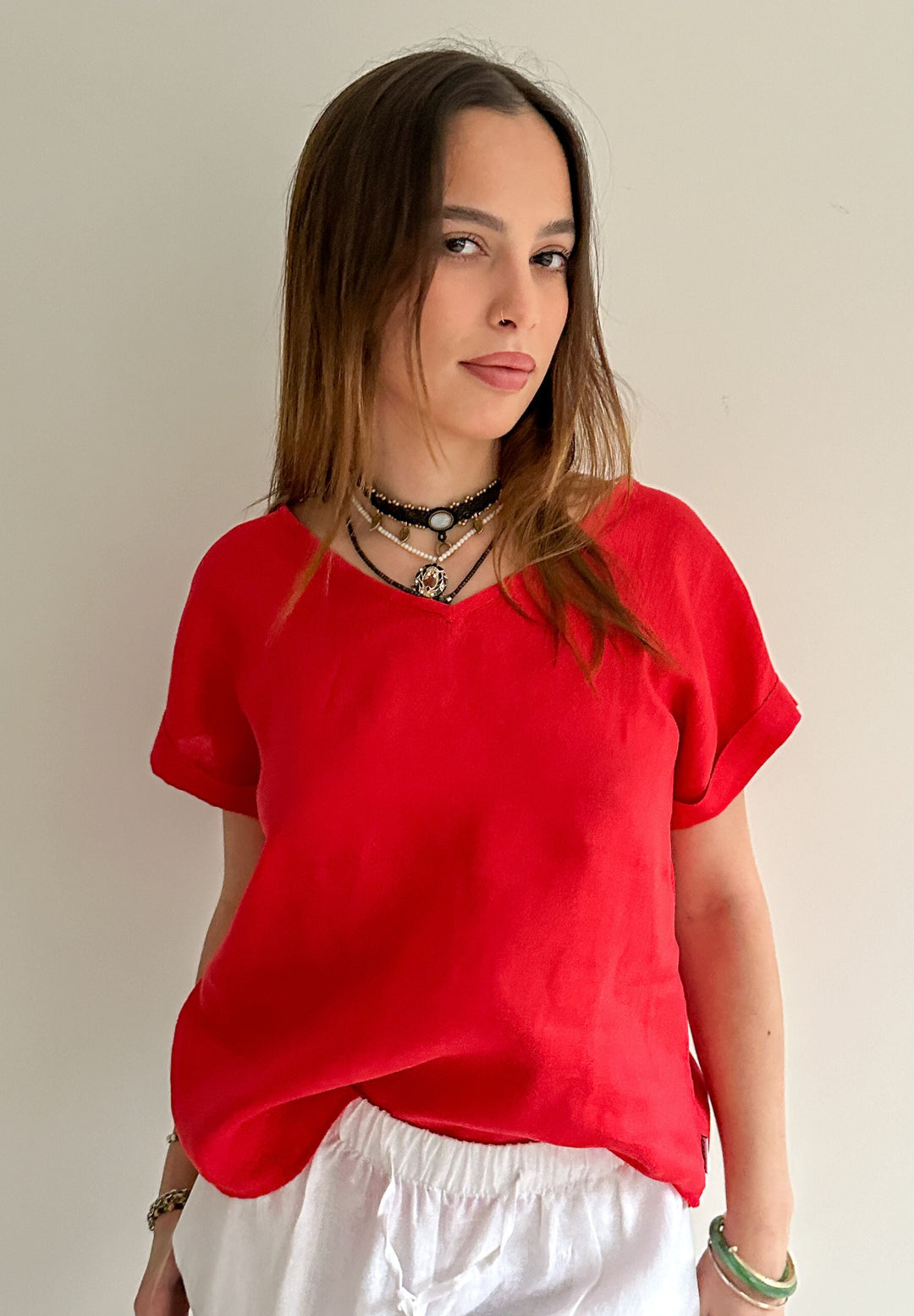 Martina Red Linen T-Shirt