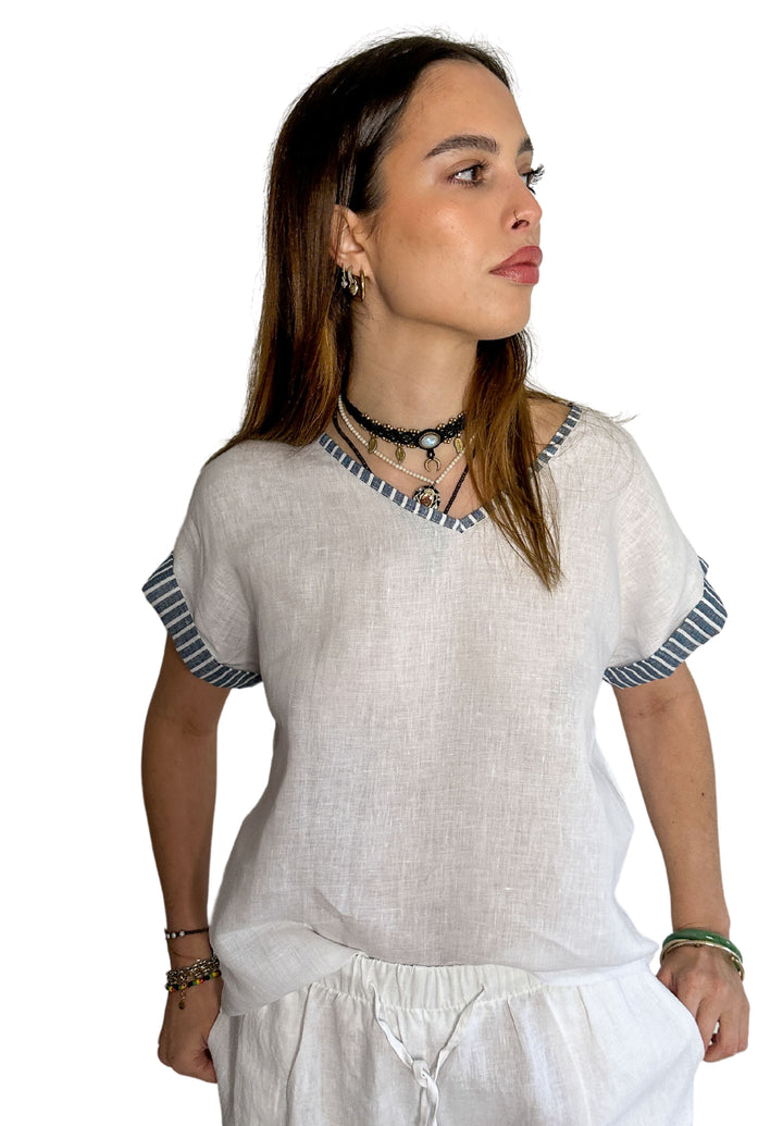 Martina Indigo Stripes Contrast Linen T-Shirt