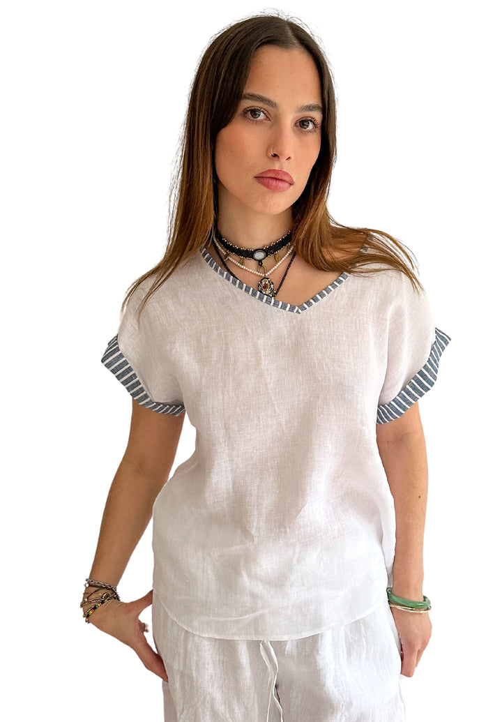 Martina Indigo Stripes Contrast Linen T-Shirt