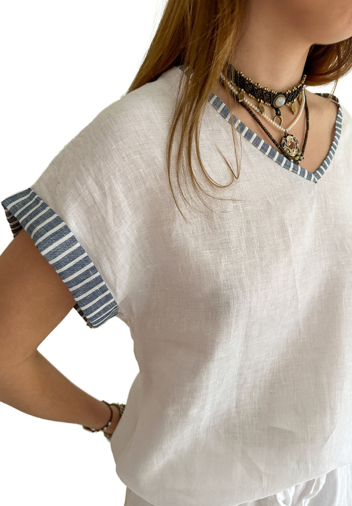 Martina Indigo Stripes Contrast Linen T-Shirt