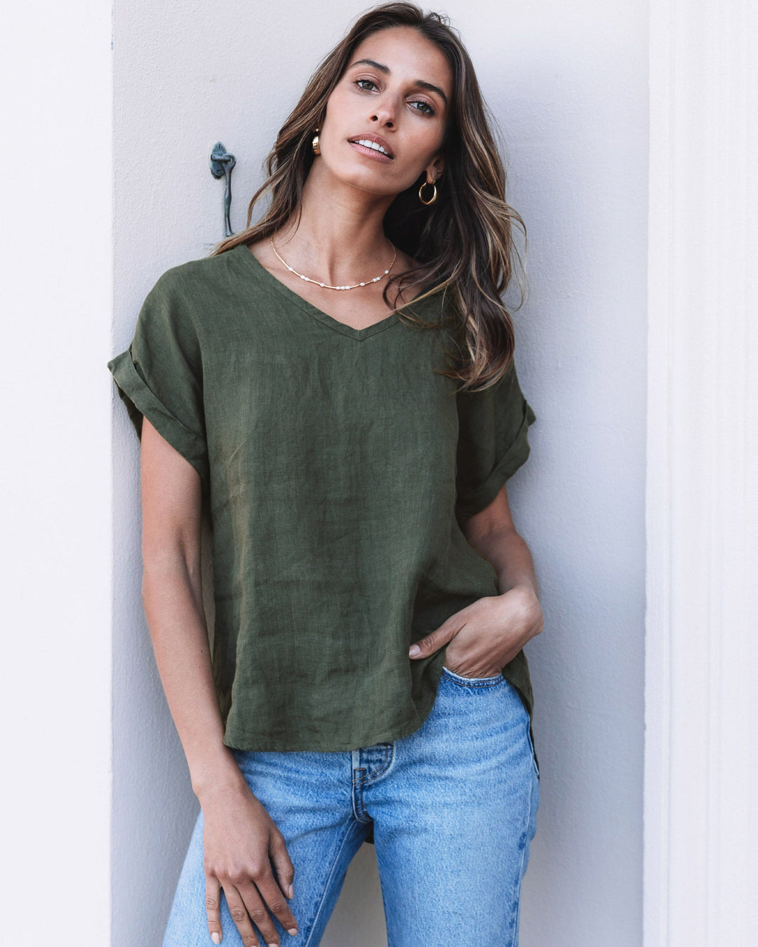 Martina Olive Green Sand Washed Linen T-Shirt